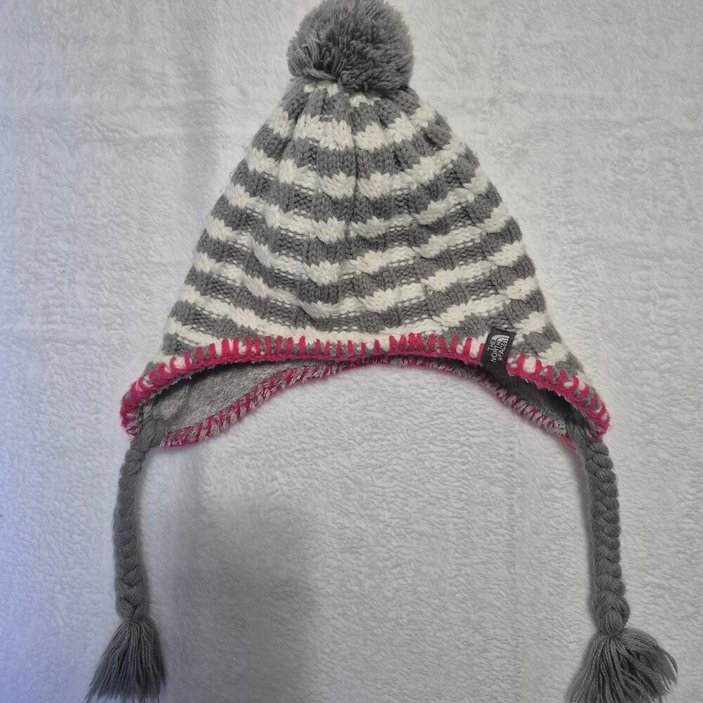 The North Face Girls Winter Pom Beanie Ear Flap Hat M (10/12) Gray White Pink Li
